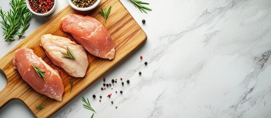 Aufkleber - Raw chicken breasts on a wooden cutting board with rosemary and spices placed on a marble countertop top view with ample copyspace on the right