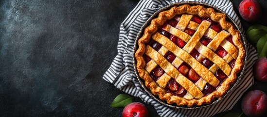 Poster - Lattice topped plum pie in a metallic tart pan on a black textured surface with striped napkin and red plums arranged around it.