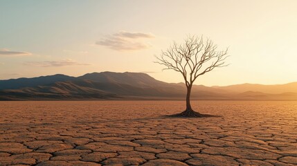 Poster - Climate change drought idea. A solitary tree stands in dry, cracked earth under a vast, open sky at sunset.