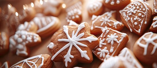 Poster - Deliciously decorated gingerbread cookies with white icing in star and tree shapes arranged on a wooden surface illuminated by soft lighting.