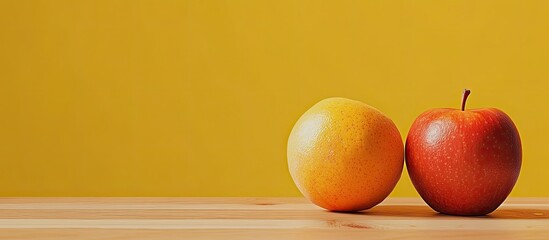 Poster - Fresh apples on right, vibrant orange on left placed on polished wooden table with soft yellow gradient background creating a warm atmosphere.