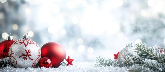 Aufkleber - Festive arrangement of red and silver Christmas ornaments with snow on a blurred silver background creating a serene holiday atmosphere.