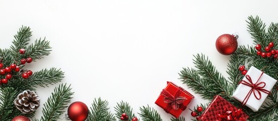 Poster - Christmas themed border design featuring lush green pine branches red ornaments and wrapped gifts on clean white background