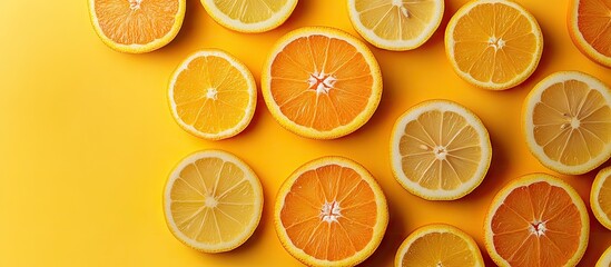 Poster - Vibrant arrangement of orange lemon and citron slices on bright yellow backdrop showcasing a fresh vegetarian theme ideal for healthy cuisine presentations