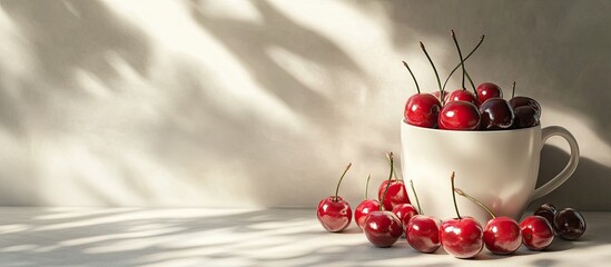 Aufkleber - Red and black cherries overflowing from a white mug, placed on a light textured table, with soft shadow patterns in the background.