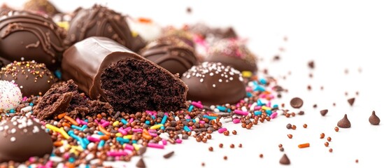 Poster - Chocolate treats and colorful sprinkles scattered on a white background, featuring dark chocolate candies, vibrant sprinkles, and broken cake pieces.