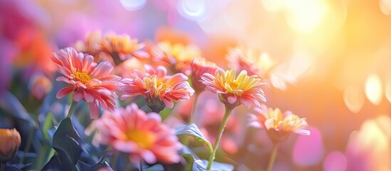 Leinwandbilder - Vibrant pink and orange flowers with lush green leaves softly illuminated by a warm golden light in a dreamy bokeh background setting.
