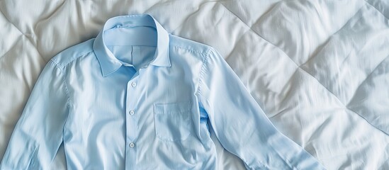 Poster - Light blue shirt laid flat on a soft white bedspread top view with textured pattern showcasing cleanliness and space for promotional text