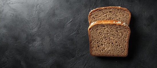 Poster - Sliced buckwheat bread positioned diagonally on a dark textured background with ample copy space on the left for text or branding