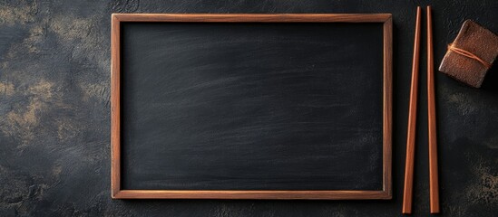 Poster - Chalkboard framed in wood with two chopsticks and a brown parcel on a dark textured background providing ample copy space at the top left