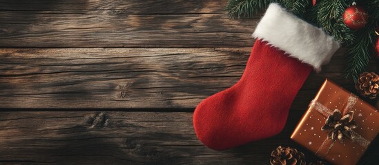 Poster - Red Christmas stocking and wrapped gift box positioned on a rustic wooden surface surrounded by pine branches and natural elements, festive theme.
