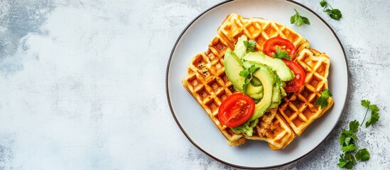 Poster - Freshly made Belgian waffles topped with vibrant sliced avocado and juicy tomatoes on a light gray plate with green herbs garnishing the dish.
