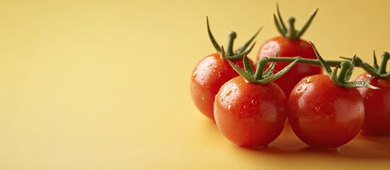 Poster - Fresh cherry tomatoes glistening with water droplets on a yellow background with green leafy stems positioned on the left side of the image.