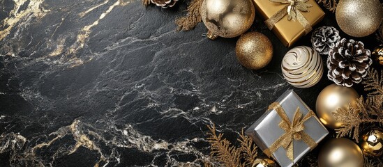 Aufkleber - Elegant Christmas scene with gold and silver decorations and gift boxes arranged on a luxurious black stone surface, top view, ample copyspace.