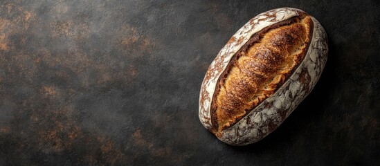Poster - Rustic buckwheat bread loaf on textured dark surface with copy space, showcasing crusty golden-brown top and intricate pattern, top view.