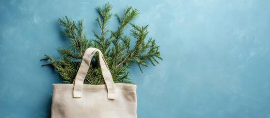 Poster - Canvas bag filled with fresh spruce branches positioned at top left on a textured blue background creating a festive atmosphere for Christmas and New Year