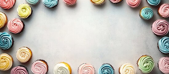 Poster - Colorful circular arrangement of pastel cupcakes including pink, blue, and yellow on a light gray background with empty center space for text.