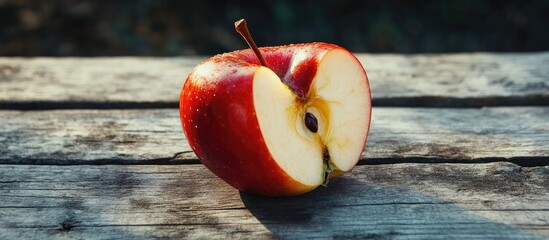 Aufkleber - Bitten red apple resting on a rustic wooden surface with sunlight highlighting its juicy flesh and dark seed in the center of the slice.
