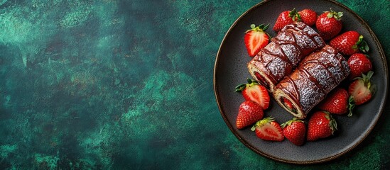 Poster - Chocolate roll cake dusted with powdered sugar and drizzled with chocolate atop a black plate surrounded by fresh strawberries on a dark green table.