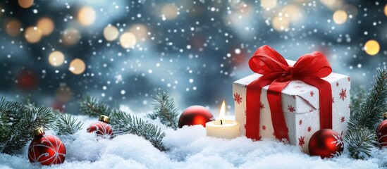 Aufkleber - Christmas gift box adorned with a red ribbon surrounded by fir branches and ornaments on a snow-covered surface with a blurred festive background