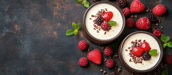 Poster - Decadent dessert featuring creamy chocolate fruit butter topped with fresh strawberries raspberries and blackberries in brown bowls on dark textured background