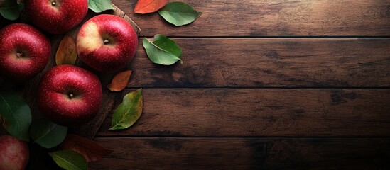 Poster - Red apples with green leaves arranged on a dark wooden board with an empty space on the right for autumn themed text or design elements.