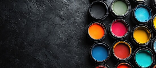 Poster - Colorful acrylic paint cans arranged on a dark textured surface with vibrant hues of blue, orange, red, green, and pink creating a striking contrast.