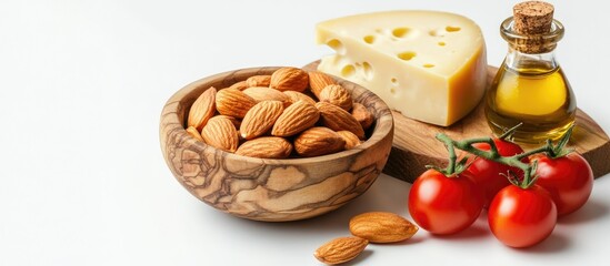 Aufkleber - Healthy food arrangement featuring a wooden bowl of almonds, cherry tomatoes, a cheese wedge, almond oil, and a paprika backdrop on a white surface.