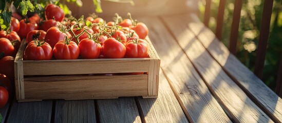 Poster - Wooden crate filled with ripe red tomatoes positioned on a wooden porch table bathed in warm sunlight with shadows from surrounding greenery.
