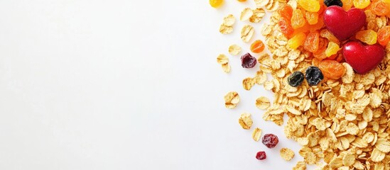 Poster - Heart-shaped cereal flakes with dried fruits including orange and black currants on a white background, arranged artistically for a nutritious breakfast.