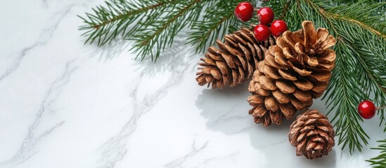 Poster - Rustic Christmas decor featuring three brown pinecones arranged with fresh green pine needles and bright red berries on a white marble surface