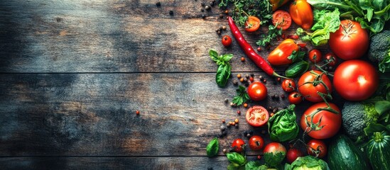 Poster - Vibrant fresh organic vegetables in shades of red and green arranged on a rustic wooden table with soft light highlighting the textures