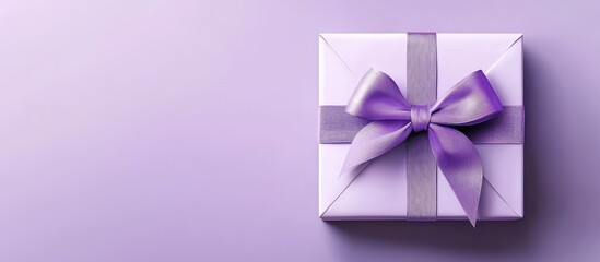 Poster - Purple gift box tied with a satin ribbon bow on a soft lavender background positioned at the center with ample copy space on the left side.