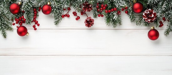 Poster - Festive Christmas backdrop featuring red ornaments, pinecones, and holly on a white wooden table with a soft, bright background.