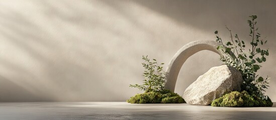 Poster - Minimalist modern still life with arch stone and eucalyptus branch against soft beige backdrop featuring natural moss and gentle light play.