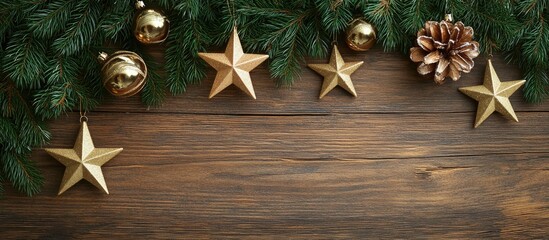 Poster - Golden stars and ornaments on a rustic wooden surface with green fir tree branches creating a festive winter backdrop.