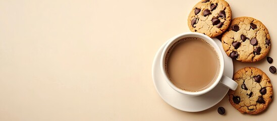 Poster - Coffee cup with brown liquid on a beige surface accompanied by three chocolate chip cookies and scattered coffee beans on the side.