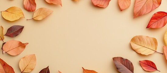 Aufkleber - Vibrant autumn leaves in circular arrangement on neutral beige background with ample copyspace creating a warm fall season concept flat lay scene
