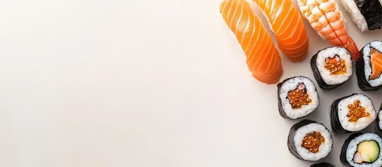 Poster - Assorted Japanese sushi rolls with salmon and shrimp on a light beige background, arranged on the right side with a soft focus on the left.