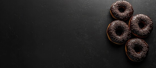 Poster - Chocolate donuts with chocolate sprinkles on a dark gray background positioned in the lower right corner with ample negative space for text.