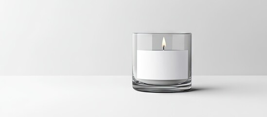 Leinwandbilder - Clear glass candle with lit wick centered on white surface featuring a blank label for branding mockup on minimalistic white background.