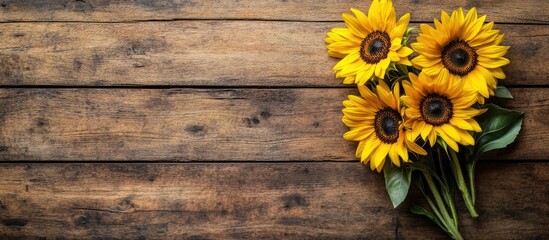 Aufkleber - Bouquet of vibrant yellow sunflowers arranged on a rustic textured wooden table with space for text on the left side top view flat lay
