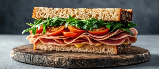 Poster - Savory sandwich stacked with ham arugula tomatoes and cheese on a rustic wooden board against a gray background side view with copy space