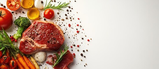 Poster - Fresh raw red meat with colorful vegetables herbs and spices scattered on a white background showcasing vibrant colors and rich textures.