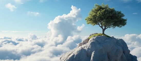 Aufkleber - Lone green tree on rocky mountain summit against vibrant blue sky and fluffy white clouds with ample copy space for text on right side