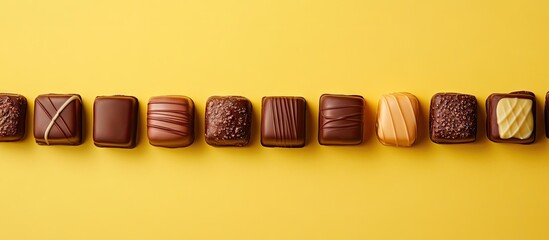 Poster - Delicious assorted chocolates arranged in a straight line on a vibrant yellow background with ample copy space above for text placement