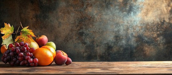 Poster - Rustic wooden table with vibrant autumn fruits including apples grapes and oranges surrounded by colorful leaves against a textured earthy background