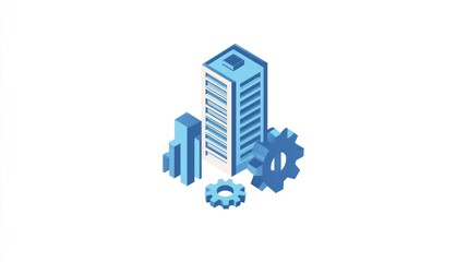Poster - Isometric office building with gears and charts, business concept
