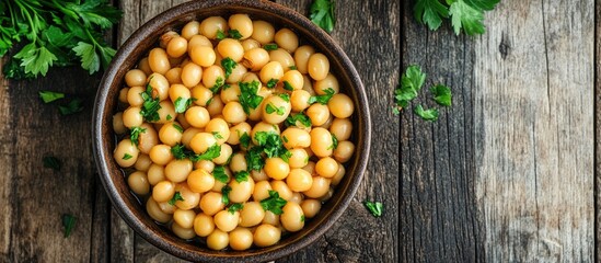 Poster - Bowl filled with cooked yellow beans topped with fresh parsley on rustic wooden background with green herb accents surrounding the dish