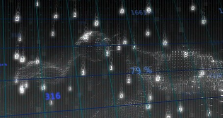 Poster - Animation of digital data and binary code overlaying abstract mountain landscape